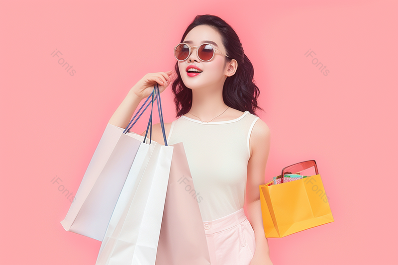 粉红色背景搭配戴墨镜的时尚美女购物,高清,摄影图,摄影图片,图片大全,摄影图免费下载